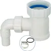 A white plastic plumbing fitting with a blue ring and a metal hose clamp and rubber ring in a circle. Produktbild-Vorschau