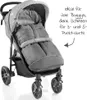 A close-up view of a gray baby stroller footmuff, with text overlay describing its features and compatibility. Náhled obrázku produktu