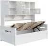 A white wooden daybed with an open storage compartment and a hutch with shelves and cabinets. Náhled obrázku produktu