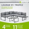 A grey lounge sofa set with a coffee table, presented in a studio setting with a light grey abstract background. Produktbild-Vorschau