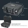 A black HMF outdoor photo case is shown with dimensions indicated by arrows and text. A second, smaller image shows the case open with foam inserts. Produktbild-Vorschau