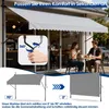 A couple sitting at a table outside a cafe with a retractable awning overhead. The image also includes diagrams illustrating the awning's functionality. Produktbild-Vorschau