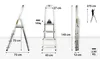 Multiple views of a foldable aluminum stepladder with dimensions and weight capacity indicated. Voir les images du produit