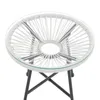 A round table with a glass top and a white woven base, supported by a gray metal frame and legs. Voir les images du produit