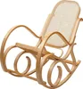 A wooden rocking chair with a rattan seat and back. Voir les images du produit