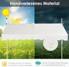 A split image showing a white canopy tent under a sunny sky with yellow flowers and under a rainy sky with a close-up of water droplets on fabric. Anteprima dell’immagine prodotto