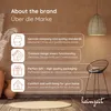A collage showing a brand's values with text and icons, alongside decorative elements like a lamp, chair, and vase. Produktbild-Vorschau