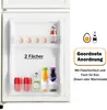 Interior view of a retro-style refrigerator with various food and drink items organized on shelves. Produktbild-Vorschau