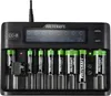 A black battery charger with multiple battery slots and a digital display showing charging information. Produktbild-Vorschau