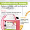 A product image showing a large bottle of pink liquid, with text explaining its features and color indicators. Produktbild-Vorschau