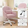 A pink velvet office chair is shown in a home office setting with a desk and window in the background. Insets highlight features of the chair. Produktbild-Vorschau