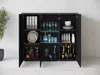 A black cabinet with glass doors and shelves, displaying various items like glasses, plates, and bottles. Voir les images du produit