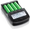 A black battery charger with four green batteries inserted, shown on a white background. Produktbild-Vorschau