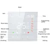 A diagram of a smart thermostat with labels pointing to different features and icons. Produktbild-Vorschau