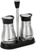 A salt and pepper shaker set on a black base. Voir les images du produit