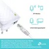 A white TP-Link RE200 Wi-Fi extender is shown plugged into a wall socket, with an Ethernet cable connecting to it. Diagrams illustrate AP mode and entertainment adapter mode. Produktbild-Vorschau