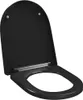 A black toilet seat with the lid open, shown from a slightly elevated front-left angle against a white background. Anteprima dell’immagine prodotto
