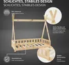 A wooden tipi-style children's bed with various features highlighted by text overlays and close-up insets. Produktbild-Vorschau