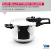 A stainless steel pressure cooker with a black handle and blue accents, set against a white background. Text overlays describe its quality and material. Produktbild-Vorschau