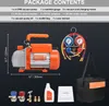 A flat lay image showing a vacuum pump, manifold gauge, hoses, adapters, oil, toolkit bag, and user manual, with dimensions indicated for the vacuum pump. Náhľad obrázku produktu