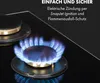 A close-up shot of a gas stove burner with a blue flame, with text overlay describing its features. Produktbild-Vorschau