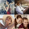 A collage of four images showing people using earbuds in different scenarios: exercising, driving, relaxing on the beach, and sharing with a partner. Produktbild-Vorschau