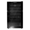 A freestanding black wine cooler with a glass door and multiple shelves. Produktbild-Vorschau