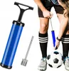 A collage showing a blue hand pump with a needle attachment and a person pumping air into a soccer ball. Produktbild-Vorschau