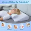 A woman sleeping on a cervical pillow, with smaller inset images showing different types of pain relief. Produktbild-Vorschau