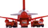 A toy transport airplane with three emergency vehicles (fire truck, ambulance, and another truck) in front of it, set against a white background. Produktbild-Vorschau
