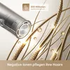 A close-up view of a hairdryer nozzle emitting negative ions onto strands of hair, with text highlighting the ion count and benefit. Produktbild-Vorschau