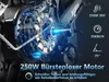 Close-up of an electric bike motor with marketing text and icons. Produktbild-Vorschau