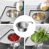 A collage showing a stainless steel sink strainer being used to drain different food items in a kitchen sink. Náhled obrázku produktu