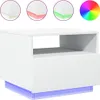 A white bedside table with LED lighting is shown against a white background. In the top left corner, there are three circular insets showing close-ups of the table's corners with different LED light colors (white, red, and green). To the right of these, a  Náhled obrázku produktu