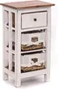 A white wooden bedside table with a wooden top, a drawer, and two woven baskets with white fabric lining. Náhled obrázku produktu