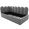 A grey upholstered bed frame with a slatted mattress base. Produktbild-Vorschau