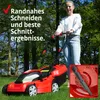 A woman is pushing a red electric lawnmower on a grassy lawn, with trees in the background. An inset shows a close-up of the lawnmower blade. Produktbild-Vorschau