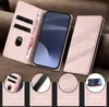 A pink leather wallet phone case is displayed open, showing a phone and card slots, with additional close-up images of its features. Produktbild-Vorschau