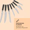 A set of kitchen knives arranged in a fan shape against a light peach background, with a text box in the lower right corner. Produktbild-Vorschau