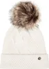A close-up studio shot of a white knitted beanie with a brown faux fur pom-pom. Produktbild-Vorschau