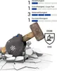 A gloved hand holding a sledgehammer smashing through white material, with performance ratings and a certification logo. Produktbild-Vorschau