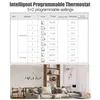 A table showing programmable settings for a thermostat, overlaid on a blurred image of a modern living room. Voir les images du produit