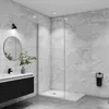 A modern bathroom with a walk-in shower, vanity, and mirror. Produktbild-Vorschau