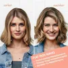A split image showing a woman's hair before and after styling, with text overlay describing hair products. Produktbild-Vorschau
