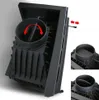 A black cast iron fireplace insert with a circular vent and adjustable damper. The image includes close-up insets and arrows indicating movement. Anteprima dell’immagine prodotto