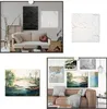 A collage of images showcasing abstract art and landscape paintings displayed in home decor settings. Produktbild-Vorschau