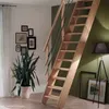 A wooden staircase with a metal railing is shown in a room with a large plant and framed pictures on the wall. Produktbild-Vorschau