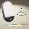 A modern LED outdoor light with a motion sensor, displayed on a wall with marketing graphics indicating its features. Produktbild-Vorschau