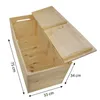 A wooden storage box with dimensions indicated by arrows and text. Anteprima dell’immagine prodotto