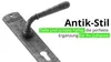 A close-up of an antique-style door handle and escutcheon plate, with marketing text overlaid. Produktbild-Vorschau